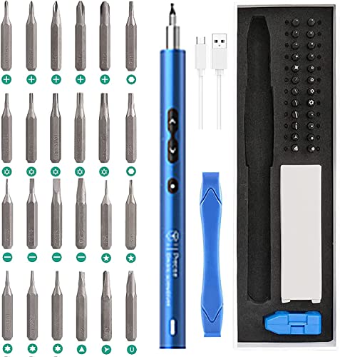 AMIR Electric Screwdriver for PC Building, 28 IN 1 Small Power Automatic Screwdriver Set with 24 Bits, Rechargeable Portable Magnetic Repair Tool Kit with LED Lights for Laptops, Watches, Blue - color: Blue