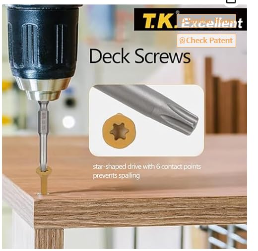 T.K.Excellent Deck Screws 3 Inch Wood Screws #10 x 3, 315 Pcs, Rust Resistant Structural Screws Tan Exterior Fence Screws Torx Drive Screw, Two T25 Bits, Brilliant Yellow Ruspert Coating Rust Proof - size: #10×3
