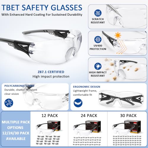 TBET Clear Safety Glasses Bulk for Men, ANSI Z87.1& UV Protection Glasses