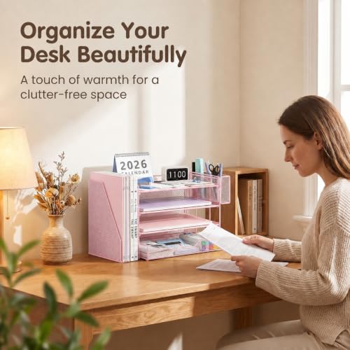OPNICE Desk Organizers and Accessories, 4-Tier Desktop File Organizer with Drawer and Pen Holders, Office Desk Accessories Workspace Organizers for Office Supplies (Soft Pink) - color: Soft Pink, size: 4T