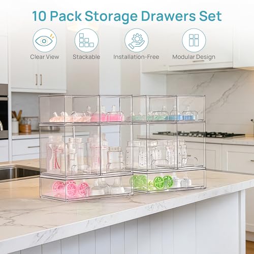 Vtopmart Clear Stackable Storage Drawers Set of 10, Baby Bottle Organizer - style: 4 Small+4 High+2 Wide