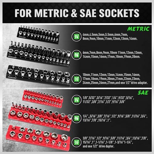 6-piece Magnetic Socket Organizer Set, Metric & SAE Drive Socket Holder, Includes 1/4", 3/8", 1/2", Holds 143 Pieces Magnetic Trays Red Black - style: 6PCS Red/Black