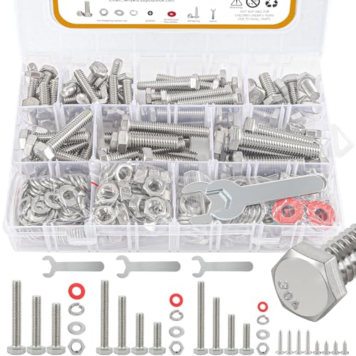 300pcs Hex Bolts and Nuts kit,304 Stainless Steel 1/4-20, 5/16-18,3/8-16 Bolts and Nuts Assortment kit (Lock & Flat Washers), Stainless Bolt Assortment, Stainless Steel Bolts and nut kit - size: 1/4-20, 5/16-18,3/8-16