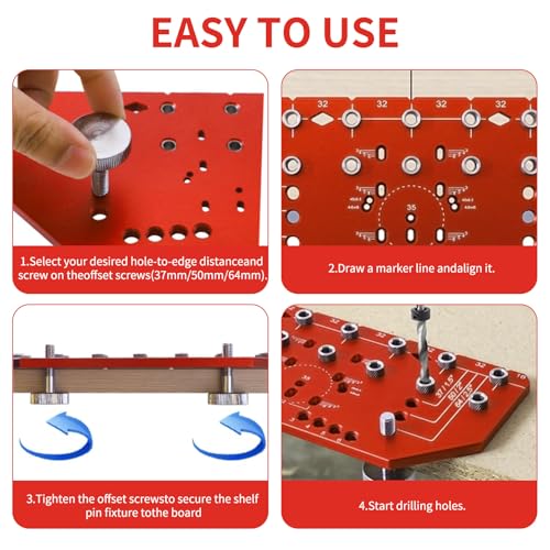 2-in-1 Shelf Pin Jig and Hinge Jig, Aluminum Adjustable Shelf Pin Drilling Jig for 5mm and 1/4" Straight Holes Shelf Peg Hole Jig for DIY Cabinet Woodworking and Home Improvement