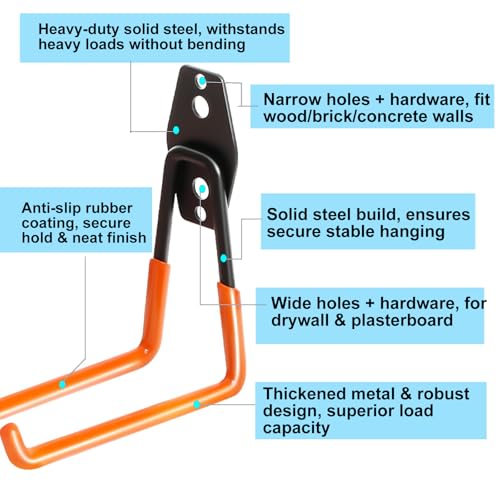 2 Pack Heavy Duty Wall Hook for Hanging, Garage Tool Organizer Wall Mount, Metal Garage Storage Hooks for Ladder, Extension,Garden Tool (7.4Inch) - size: 7.4Inch