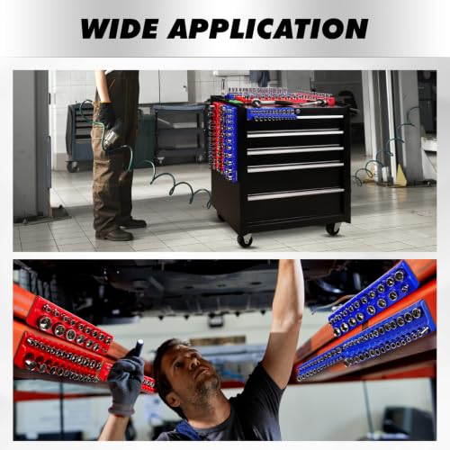 8-Piece Magnetic Socket Organizer Set, SAE & Metric Socket Holders for 1/4", 3/8", 1/2" Drive, Holds 199 Sockets, Rubber-Coated Toolbox Storage Trays, Blue and Red Tool Box Organizer - style: 8PCS Red/Blue