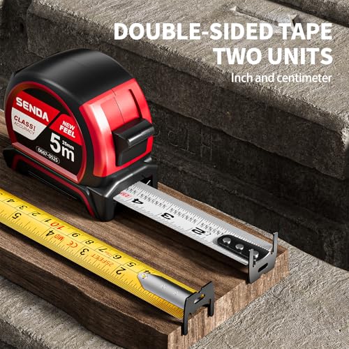 SENDA Tape Measure 16FT with 1/8 Fraction, Double-Hook Measuring Tape Retractable with 1 Inch Wide Blade & Belt Clip, ABS TPR Rubber Protection,Matte Nylon-Coated Blade for DIY, Construction (1 Pack) - color: Red, size: 16 FT