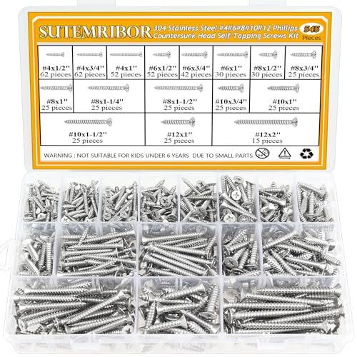 545 Pieces #4#6#8#10#12 Wood Screws Set, Phillips Countersunk Head #4#6#8#10#12 Self-Tapping Screws Assortment Kit, 304 Stainless Steel - size: Wood Screws Kit (#4#6#8#10#12), style: Phillips Countersunk Head
