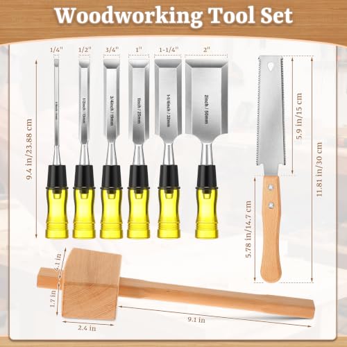 8 Pcs Woodworking Tools Set, Includes 6 Pcs Wood Chisel CR-V Steel Beveled Blades (1/4", 1/2", 3/4", 1", 1 1/4", 2"), Solid Beech Wood Mallet & SK5 Double-Edged Hand Saw for Carpenter DIY