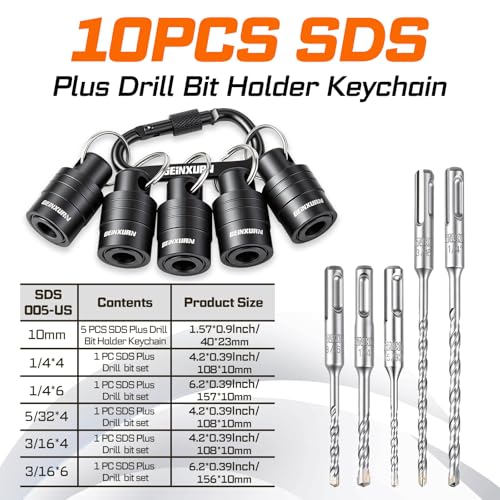 Geinxurn 10Pcs SDS Shank Bit Holder Keychain Set, Heavy Duty Quick Release Drill Bit Storage Organizer with SDS Plus Rotary Hammer Drill Bits Set for Electricians, Construction Worker - size: SDS010-US