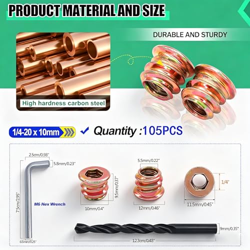 Twidec/105PCS 1/4"-20 Threaded Inserts for Wood Furniture Screw-in Nut Wood Inserts Bolt Assortment Kit with M6 Hex Wrench (1/4"-20 x10mm) N-059-1/4x10 - size: 1/4"-20 x 10mm (105 PCS)