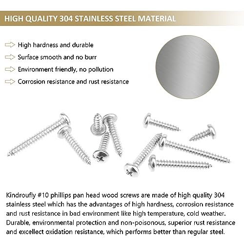 104 Pieces #10 x 1/2" 3/4" 1" 1-1/4" 1-1/2" Phillips Pan Head Self-Tapping Screws, Wood Screws Assortment Kit, 304 Stainless Steel - size: #10