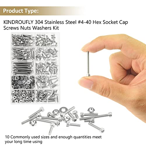 252 Pieces #4-40 x 3/16", 1/4", 5/16", 3/8", 1/2", 5/8", 3/4", 1", Hex Socket Head Cap Screws Nuts Washers Assortment Kit, 304 Stainless Steel, Fully Machine Thread - size: #4-40, style: Socket Head