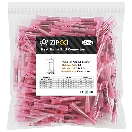 22-16 AWG Heat Shrink Butt Connectors - 100Pcs Red Crimp Waterproof Electrical Cable Wire Connector Speaker Automotive Marine Grade Wire Crimp Terminals Insulated Butt Splices - size: AWG 22-16