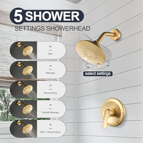 Shower Faucet with Valve, Bathroom Shower Faucet Kit, Solid Brass Shower Head Faucet Set Complete, Single Handle Rain Shower Head Trim Kit for Bathroom, Brushed Gold - color: Brushed Gold