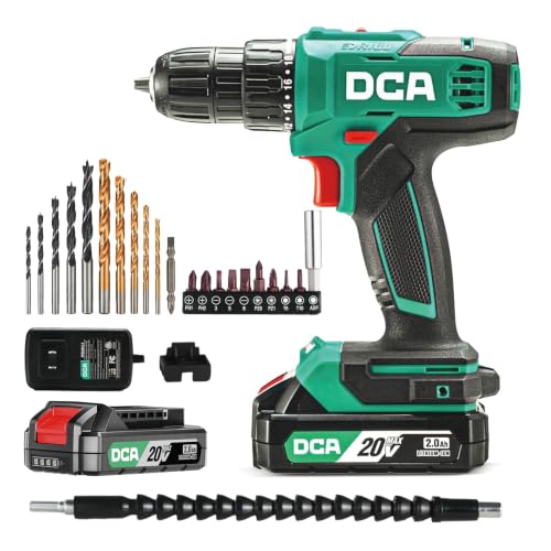 DCA Cordless Drill Set, 354 in-lbs Torque, 3/8" Keyless Chuck, Electric Power Drill with 2.0Ah Battery and Charger,18+1 Position,25-Piece 20V Drill Driver Kit, ADJZ2035AM - size: 2*Batteries