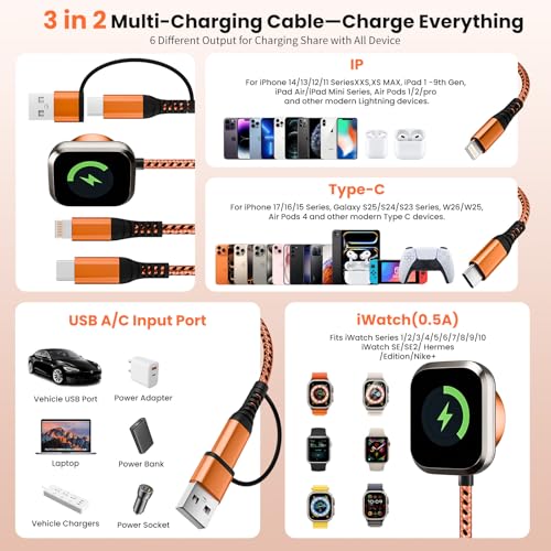 Multi Travel Charger Cord for iWatch, Travel Chargers for Multiple Devices - color: Sunset Orange, size: 2Pack5FT