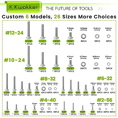 1059Pcs Nuts and Bolts Assortment Kit Phillips Pan Head #2-56#4-40#6-32#8-32#10-24#12-24 Machine Screws, K Kwokker 26 Sizes 304 Stainless Steel Screws Nut and Bolt Assortment with Screw Organizer - size: A. #2-56 - #12-24