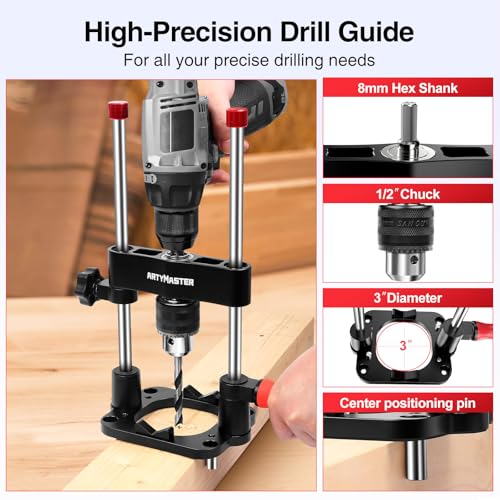 ArtyMaster Portable Drill Guide for Straight Holes – Precision Drilling Jig with Chuck Key, Drill Guide Attachment, Portable Drill Press Adapter for Woodworking, WT116A