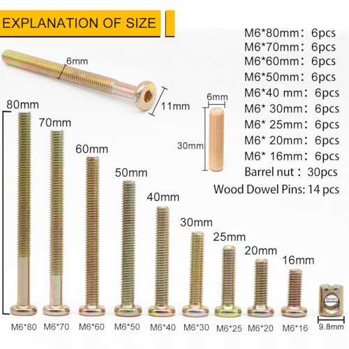 54-Set Crib Screws, Furniture Screws and Nuts Kit, Bed Frame M6 x 16mm/ 20mm/ 25mm/ 30mm/ 40mm/ 50mm/ 60mm/ 70mm/ 80mm Barrel Nut & Wooden Dowel Assortment Kit