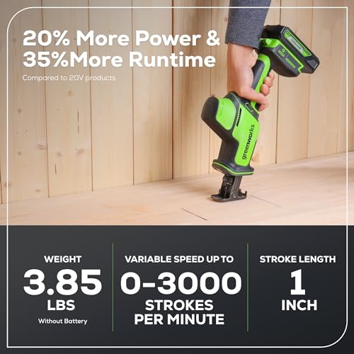 Greenworks 24V Brushless 1" Compact One-Handed Reciprocating Saw (3,000 SPM), Cordless Powered Variable Speed Recip Saw, Battery Not Included - size: Brushless 1" One-Handed Recip Saw, style: Tool Only