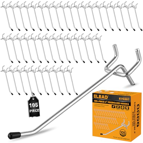 ELEAD 105-Piece 4 Inch Pegboard Hooks, Heavy Duty Peg Board Organizer Accessories, Peg Board Tool Hangers Fit for 1/4" and 1/8" Pegboard Hanging Tools Garage, Workshop, and Craft Storage - style: 105-Piece 4 Inch