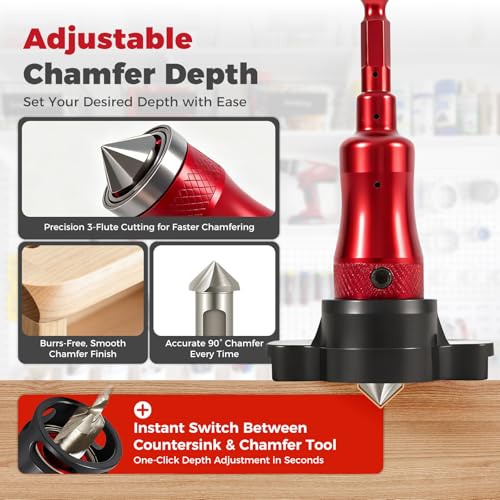 BURMONG 5-Piece Countersink Drill Bit Set with Bearing Depth Stop & Chamfer Tool, 1/4" Hex Shank Quick Change Bi-Directional Cutting Edges for Woodworking (with Adjustable Bearing Depth Stop) - style: With Adjustable Bearing Depth Stop
