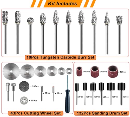 Tungsten Carbide Burr, Sanding Drums & Cutting Wheel Set, 185 Pcs - size: 185 Pcs