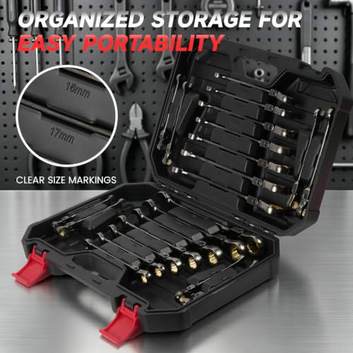 22-Piece Ratcheting Wrench Set, Flex Head Combination Wrenches Set with Organizer Box, Metric 8-19mm and SAE 1/4" to 3/4" Size, 12 Points 72-Teeth, Nickel Plating - size: Flex-head