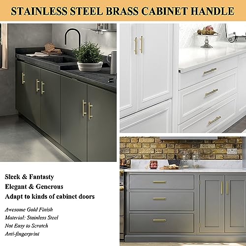 Plustool 30Pack 3''Hole Centers Gold Cabinet Handles-Brushed Brass Cabinet Pulls Gold Dresser Drawer Pulls-Stainless Steel Door Hardware for Kitchen Bathroom Bedroom Furniture-5''Overall Length - color: Gold