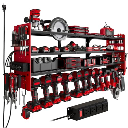 Power Tool Organizer Wall Mount, 12-Drill 4-Tier Charging Station, Red - color: Red