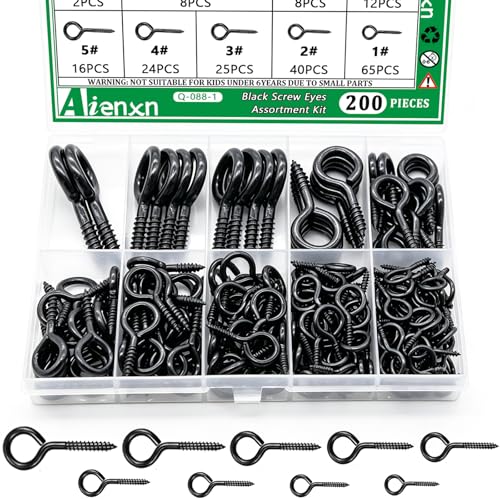 200PCS Black Eye Screws Kit, 1# -12# Eyelet Screws for Wood - color: Black, size: 1#-12#