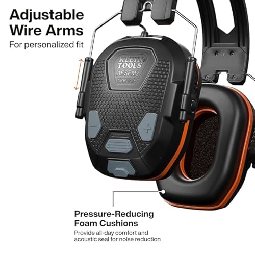 KLEIN TOOLS AESEM2 Slim Bluetooth 5.4 Hearing Protection Earmuffs, 23dB NRR, Rechargeable for Construction and Workshops, Noise Cancelling, Foam Cushions and 50 Hour Battery Life