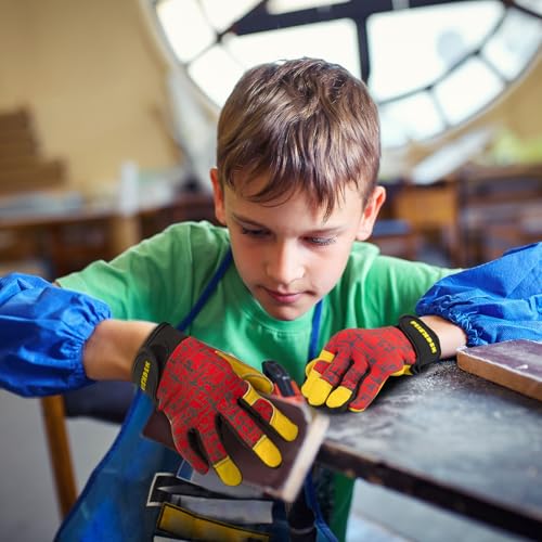 Kids Genuine Leather Work Gloves Age 2-12, Touchscreen, Reflective - color: Red, size: Medium (6-9 Years Old)