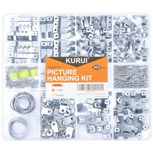 KURUI 303Pcs Picture Hanging Kit, Picture Hangers Assorted Kit with Heavy Duty Wall Hooks, Sawtooth, Picture Wire, D Rings, Hardware Nails, Eye Hooks, Silver Heavy Duty Frame Hooks - size: Silver