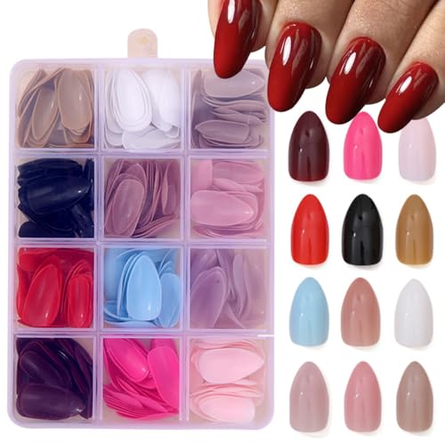 288Pcs Press On Nails Short Almond Fake Nails Solid Color False Nails Press Ons Set Full Cover Acrylic Glue on Nails Reusable Glossy Artificial Nail Kit for Women Girls Nail Art Decoration 12 Color - color: A003