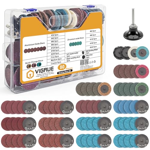 VIGRUE 80PCS 2 Inch Sanding Discs Set, Die Grinder Pad for Drill Die Grinder Accessories with 1/4" Shank Holder for Grind Polish Burr Finish Rust Paint Removal, Quick Change Discs