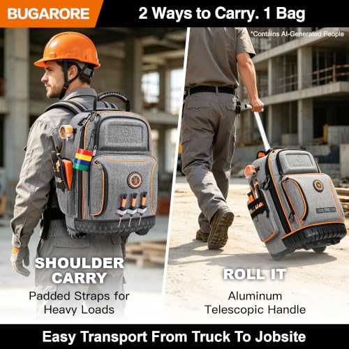 Rolling Tool Backpack with Wheels, 16" Heavy Duty Tool Bag with Molded Base - color: Grey