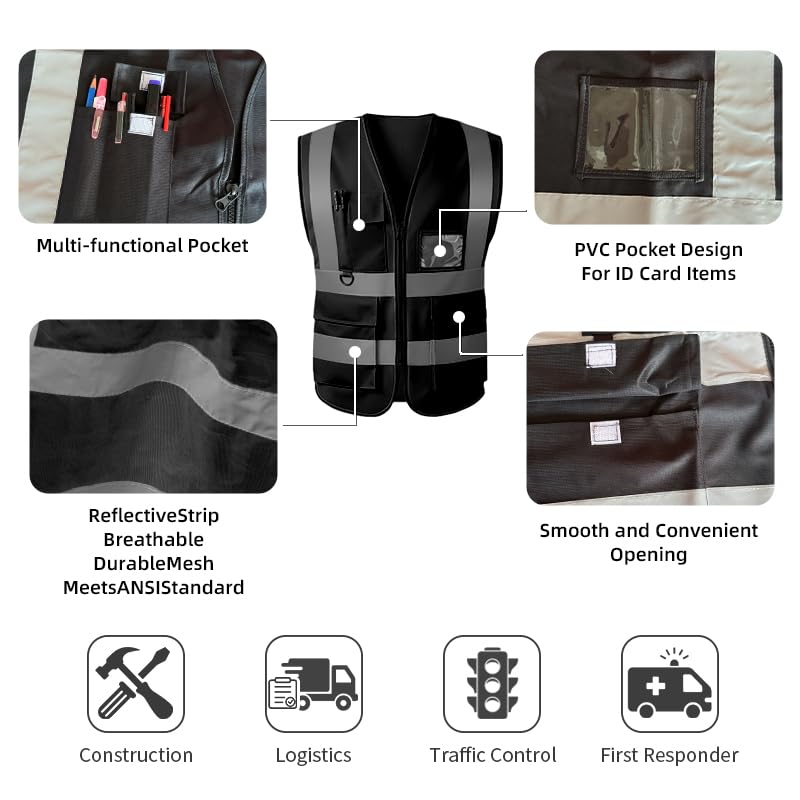 High Visibility Safety Vest with Reflective Strips & Pockets - color: Black, size: Medium