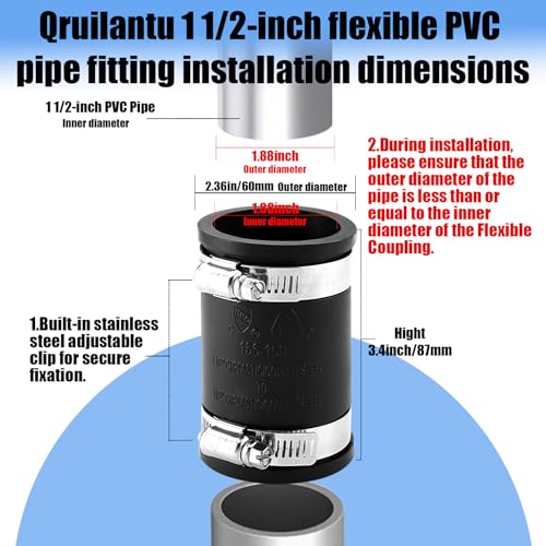 1 1/2" Flexible Pvc Pipe Coupling with Stainless Steel Clamp, Flexible Fitting for Connecting Cast Iron, Plastic and Copper Pipes, for Sewer and Drain Connections(Black) - size: 1 1/2"