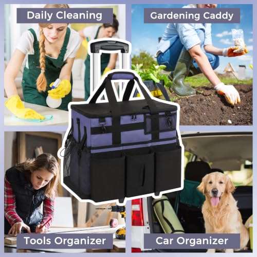 SCAVATA Rolling Cleaning Caddy Bag with Detachable Trolley, Large Cleaning Supplies Organizer with Wheels, Multi-Pocket Cleaning Cart with Adjustable Shoulder Strap for Housekeepers (CeruleanBlue) - color: CeruleanBlue