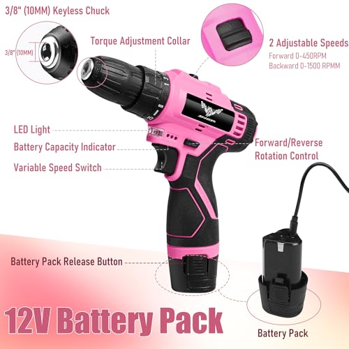 JENABOM Drill Set, 151-Piece Home Tool Set with 12V Pink Cordless Drill - color: Pink