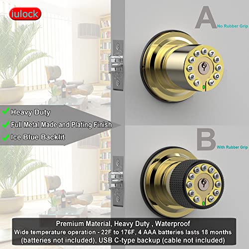 iulock Smart Door Knob with Keypad and Key,Keyless Entry Door Lock with Rubber Grip, Auto Lock,50 User Code,Waterproof, Easy to Install and Program for Bedroom Garage Office Gate (Golden) - color: Gold