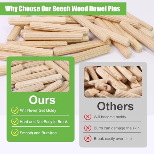 1/4" x 2" Wooden Dowel Pins, FoDau770 Fluted Wood Dowel Rods, Natural Beech Wood Dowel Pegs for Crafts, Woodworking, DIY Furniture - 200 Pieces - size: 1/4" x 2"
