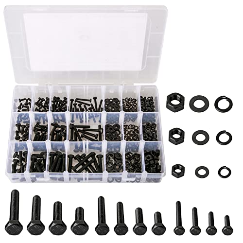 512PCS M3 M4 M5 Metric Bolt Assortment Kit, Grade 8.8 Carbon Steel Flat Hex Head Screws Bolts and Nuts Kit, Lock and Flat Gasket Washers Assortment Kit Includes 12 Most Common Sizes(Black) - size: E. M3 M4 M5