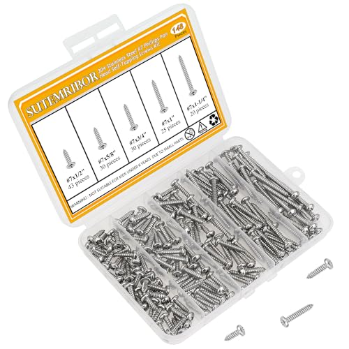 148 Pieces #7 x 1/2" 5/8" 3/4" 1" 1-1/4" Wood Screws Set, Phillips Pan Head #7 Self-Tapping Screws Assortment Kit, 304 Stainless Steel - size: #7, style: Phillips Pan Head