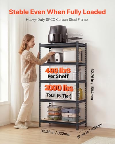 VEVOR Storage Shelves, 5-Tier Adjustable, 2000 lbs Capacity, Heavy Duty Garage Storage Shelving Unit, Metal Utility Rack Shelf, for Kitchen Pantry Basement Bathroom, 32.36" W x 16.34" D x 62.76" H - size: 16.34" D x 32.36" W x 62.76" H