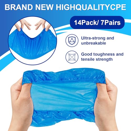 14 Pcs Shoe Covers Disposable Non Slip, 7 Pairs Plastic Shoes Protectors, Thick Boot Cover, Stretchable, One Size Fit Most, Protect Your Shoes, Floor and Carpet (14)