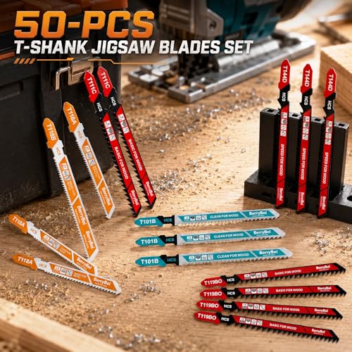 50-PCS T-Shank Jigsaw Blades Set for Wood & Metal, Plastic Cutting Assorted Jigsaw Blades with Plastic Case(T118A/T118B/T101B/T119BO/T111C/T144D)