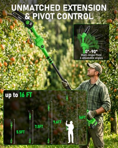 2-in-1 Electric Pole Saw 6inch Mini Chainsaw Cordless Brushless 2x4.0Ah Batteries Fast Charger Telescopic Power Pole Saw Tree Trimmer Limb Branch Cutter Pruner 16 Ft Max Reach Multi-Angle Green - color: Green-2 Batteries